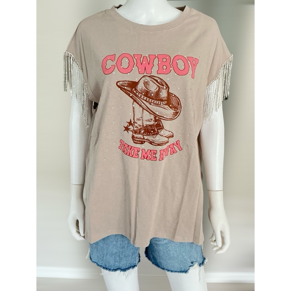FANTASTIC FAWN Super cute oversized “cowboy” rhinestone fringe tee S M L - Picture 4 of 8
